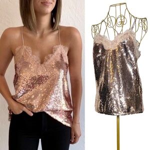 Nine West Rose Gold Sequin Cami Top with Eyelash Trim & Adjustable Straps, XS